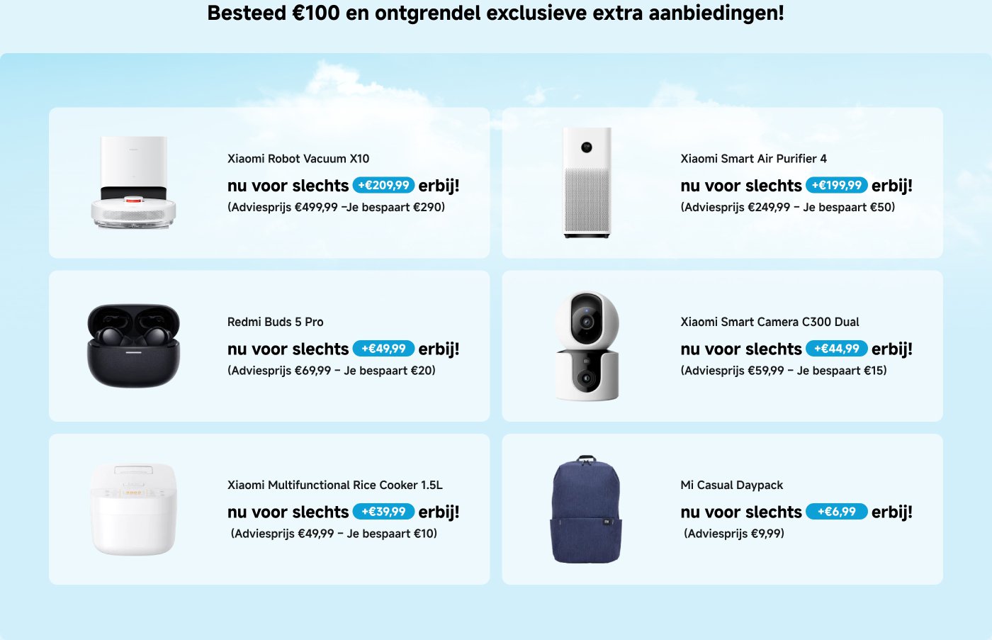 In deze afbeelding worden promotie-informatie weergegeven voor verschillende Xiaomi-producten, inclusief prijzen en besparingen. De producten omvatten de Xiaomi-robotstofzuiger, de Xiaomi-luchtzuiveraar, de Redmi-oordopjes, de Xiaomi-multifunctionele rijstkoker, de Xiaomi-slimme camera en de rugzak. Elk product heeft zowel de oorspronkelijke prijs als de kortingsprijs.