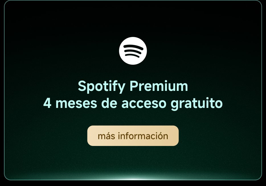 Spotify Premium ofrece 4 meses de acceso gratuito. Botón para "más información" en la parte inferior.