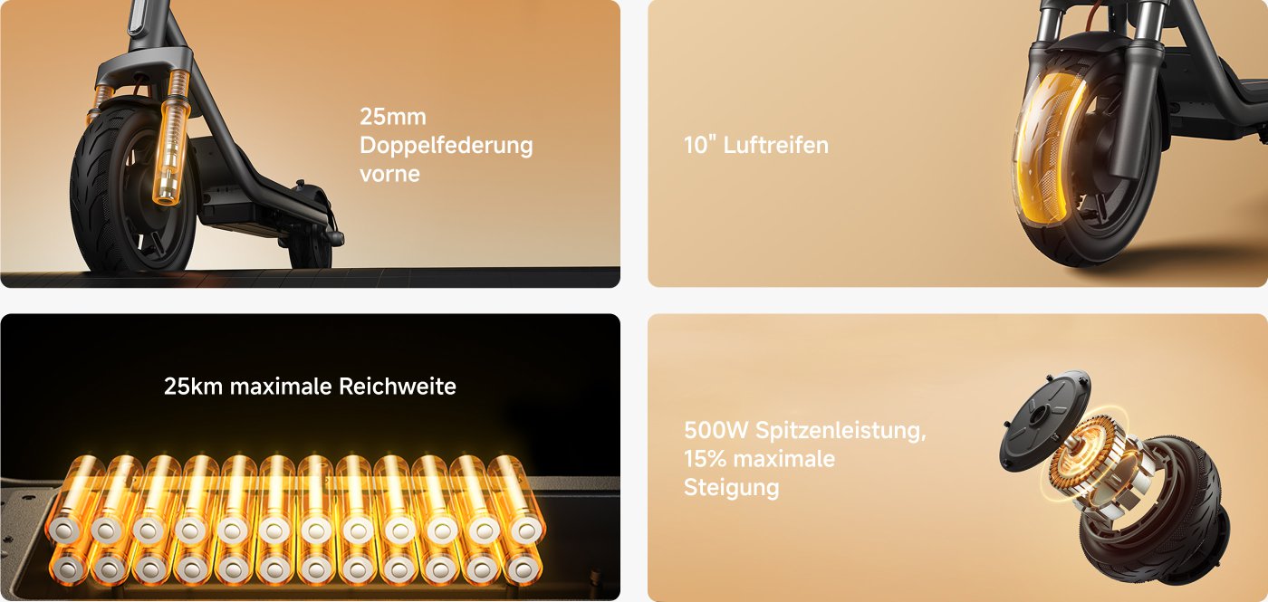 Die Merkmale des Elektrorollers umfassen: doppelte Stoßdämpfung von 25 mm an der Vorderseite, 10-Zoll-Luftreifen, eine maximale Reichweite von 25 km, eine Spitzenleistung von 500 W und eine maximale Steigfähigkeit von 15 %.