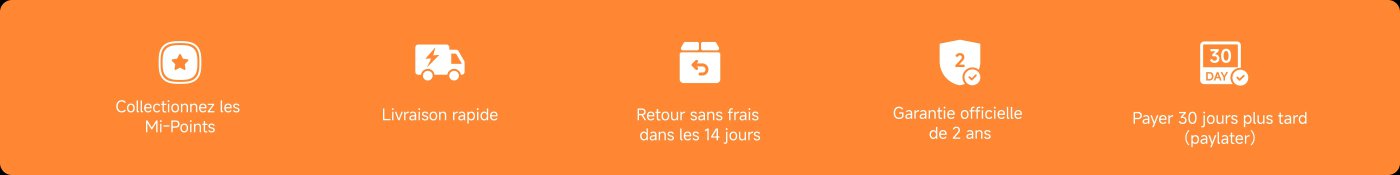 L'image contient plusieurs points liés à une offre de service ou de produit, présentés en français. Les principales caractéristiques incluent :
1. Collecter des Mi-Points.
2. Livraison rapide.
3. Retours gratuits sous 14 jours.
4. Garantie officielle de 2 ans.
5. Paiement 30 jours plus tard (Paylater).
Le fond est orange, et chaque point est accompagné d'une icône.
