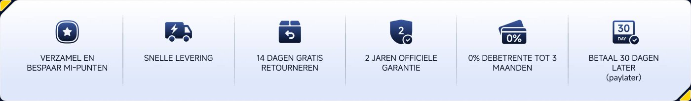 De inhoud toont enkele diensten en aanbiedingen, waaronder:
- Verzamelen en besparen van Mi-Points
- Snelle levering
- 14 dagen gratis retour
- 2 jaar officiële garantie
- 30 dagen uitstel van betaling
De algemene achtergrond is blauw.