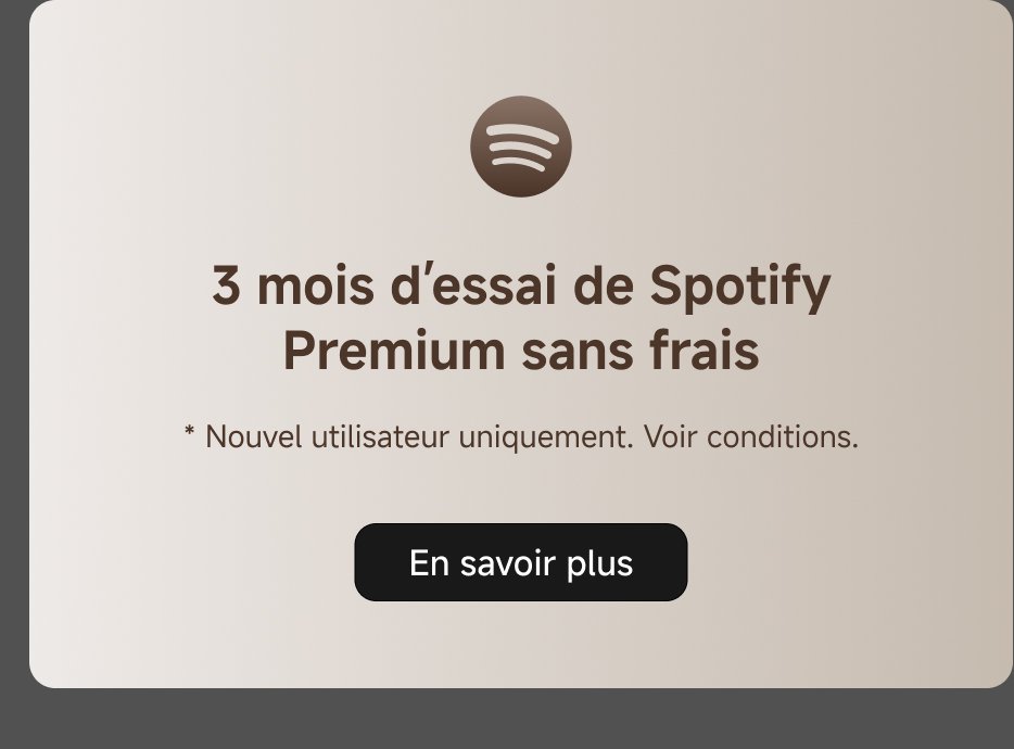 Offre de 3 mois d'essai gratuit pour Spotify Premium. Valable uniquement pour les nouveaux utilisateurs. Un bouton "En savoir plus" est présent pour plus de détails.