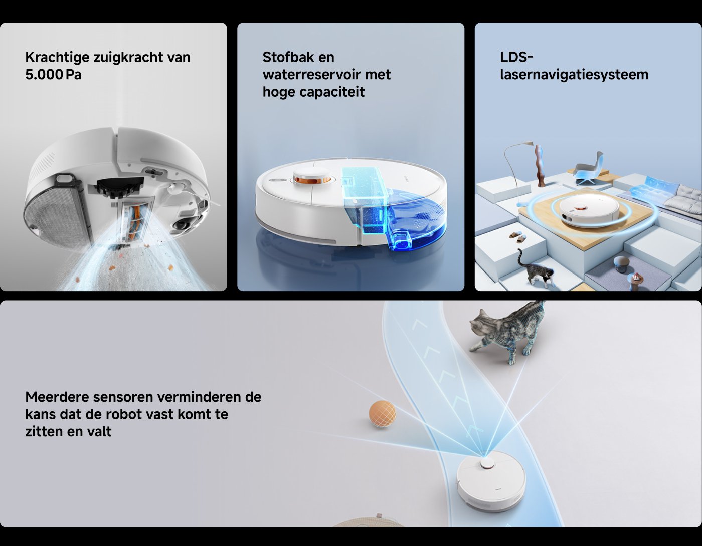 De krachtige zuigkracht van 5000Pa is uitgerust met een hoge capaciteit stofcontainer en watertank, en maakt gebruik van een LDS laser navigatiesysteem. Meerdere sensoren verminderen het risico dat de robot vastloopt of valt.