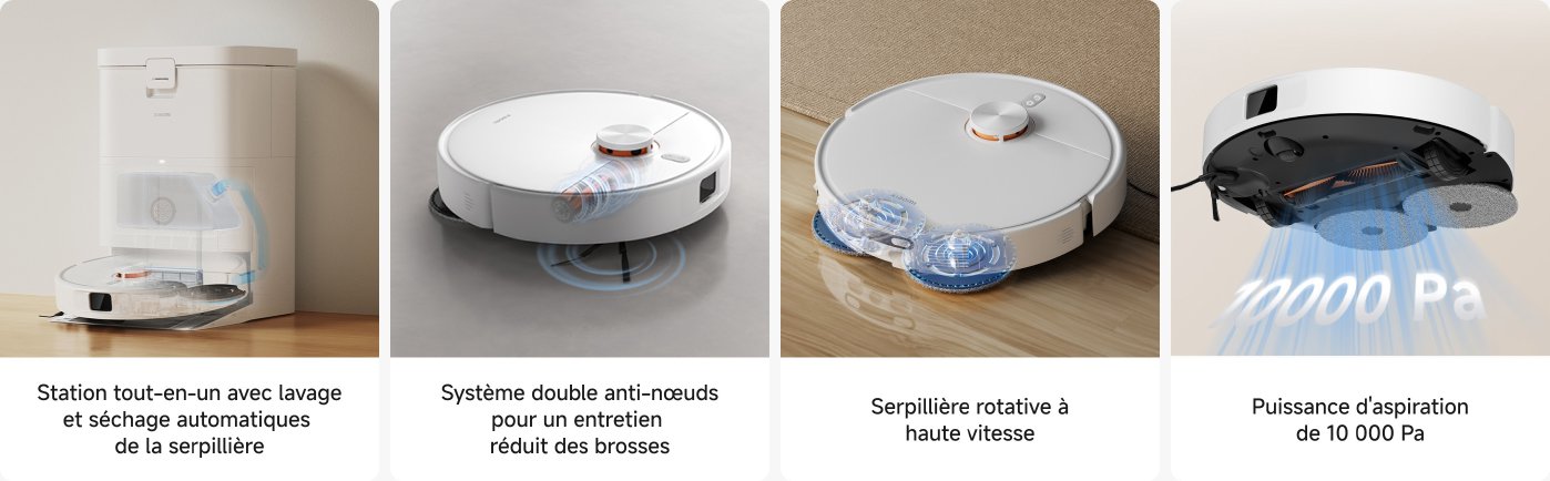 L'image montre quatre parties liées à l'assainisseur d'air pour animaux de compagnie. En haut à gauche se trouve un assainisseur d'air blanc, avec deux chats à côté ; en haut à droite, la fonction d'absorption rapide des odeurs d'animaux est décrite ; en bas à gauche, une personne est montrée avec un chat, soulignant la capacité à filtrer efficacement les allergènes ; en bas à droite, le filtre de l'assainisseur d'air et ses fonctions sont présentés.