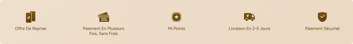 Les services fournis incluent : le recyclage de vieux téléphones, le paiement échelonné sans frais, les points Mi, la livraison en 2 à 5 jours et le paiement sécurisé.