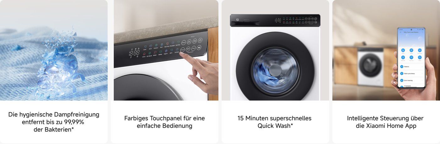 Das Bild zeigt die Eigenschaften einer Waschmaschine. Auf der linken Seite wird die effiziente Dampfreinigungsfunktion beschrieben, die 99,99 % der Bakterien entfernen kann. In der Mitte zeigt das Bild das farbige Touchpanel der Waschmaschine, das die Bedienung erleichtert. Auf der rechten Seite wird die Schnellwaschfunktion erwähnt, die in 15 Minuten abgeschlossen ist. Schließlich wird die Funktion der intelligenten Steuerung über die Xiaomi Home-App vorgestellt.