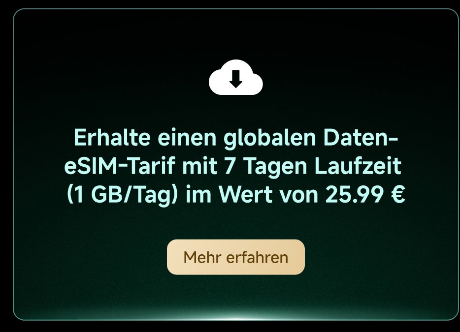 Erhalte einen globalen Daten-eSIM-Tarif mit 7 Tagen Laufzeit (1 GB/Tag) im Wert von 25,99 €. Mehr erfahren.