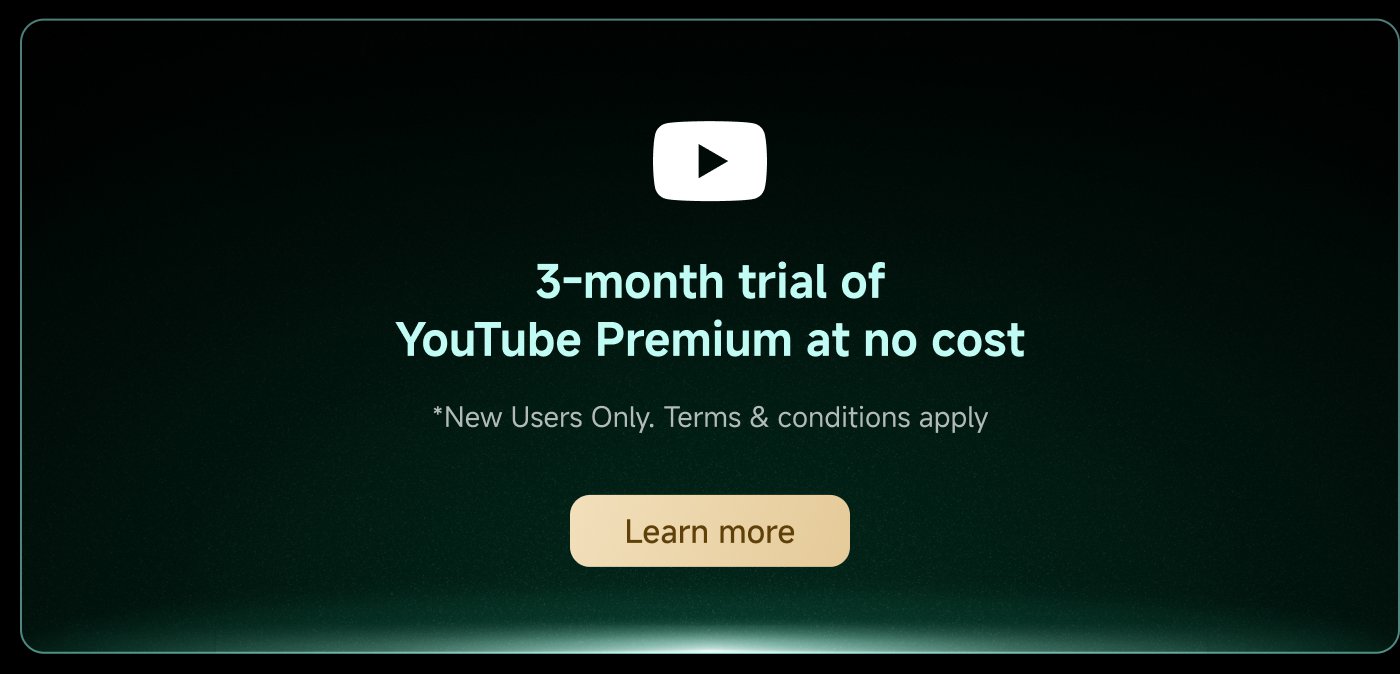 3-month trial of YouTube Premium at no cost. *New Users Only. Terms & conditions apply. Learn more.