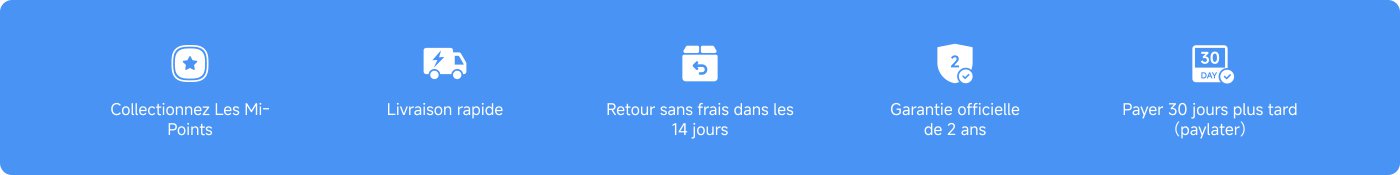 Texte en français présentant des services :
1. Collectez des Mi-Points.
2. Livraison rapide.
3. Retour sans frais dans les 14 jours.
4. Garantie officielle de 2 ans.
5. Payer 30 jours plus tard (paylater).