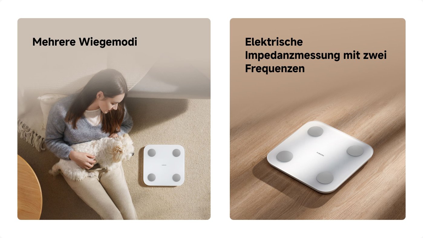 Eine Frau sitzt auf dem Teppich und hält einen kleinen Hund. Neben ihr steht eine weiße elektronische Waage. Die Waage zeigt mehrere Funktionen an, einschließlich verschiedener Wiegearten und Widerstandsmessungen.