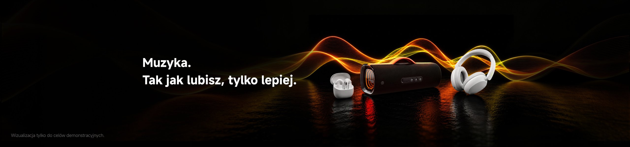 Zestaw produktów elektronicznych, w tym duży telewizor, kilka modeli telefonów, tablet, smartwatch, hulajnoga i jedno białe urządzenie, na tle jasnoniebieskiego nieba.