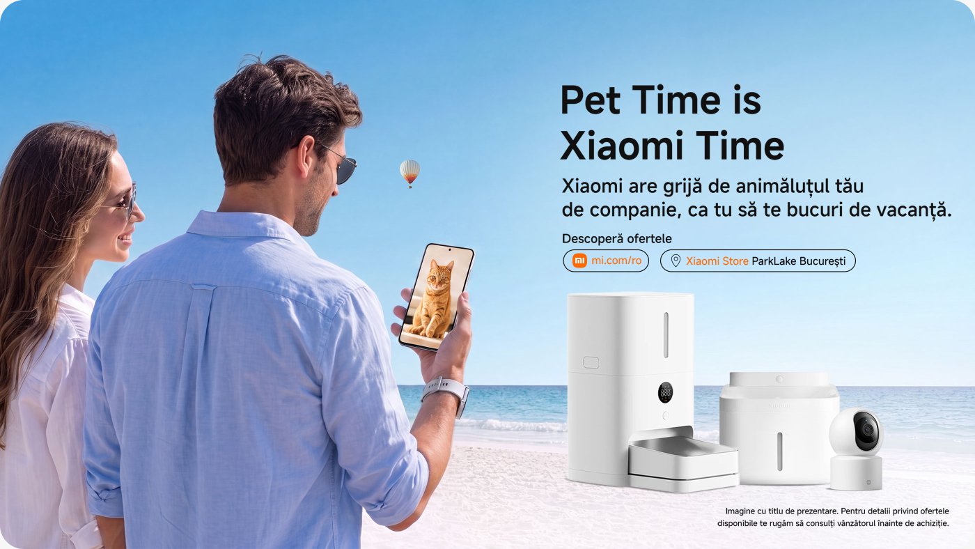 Un cuplu se relaxează pe șezlonguri pe plajă, unul folosind o tabletă și celălalt ținând un smartphone. Fundalul prezintă un cer albastru limpede și ocean. Textul promotional pentru Xiaomi subliniază siguranța în vacanță și oferă detalii.