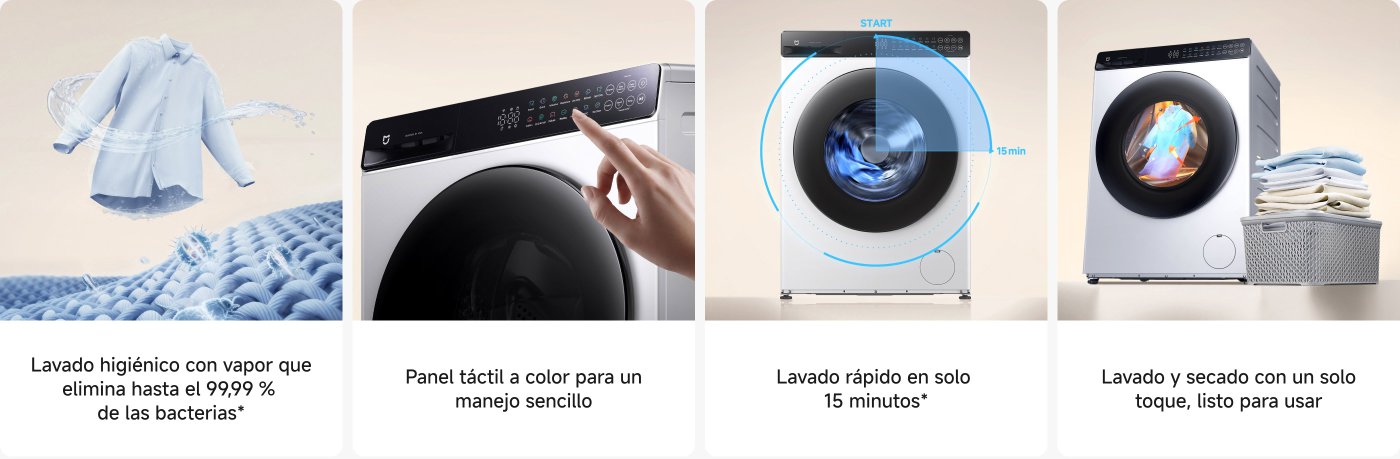 Introducción a las funciones de la lavadora, que incluye:
1. Lavado a vapor, capaz de eliminar el 99.99% de las bacterias.
2. Panel táctil, fácil de usar.
3. Lavado rápido de 15 minutos.
4. Lavado y secado con un solo botón, conveniente de usar.