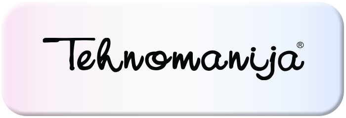 Tehnomanija logo sa stilizovanim, kurzivnim fontom na gradijentnoj pozadini, sa simbolom registrovane robne marke.