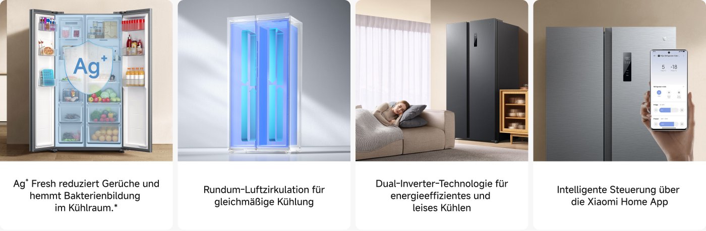 Eine moderne Kühlbox wird gezeigt, auf der linken Seite befindet sich die Struktur des Kühlschranks mit Lebensmitteln und Getränken, in der Mitte ist das Zeichen „Ag+“ zu sehen, das seine antibakterielle Funktion anzeigt. Auf der rechten Seite ist das äußere Erscheinungsbild des Kühlschranks dargestellt, daneben sitzt eine Frau auf einem Sofa und hält ein Handy in der Hand, das die intelligente Steueroberfläche des Kühlschranks anzeigt. Der gesamte Stil ist modern und betont Effizienz und Bequemlichkeit.