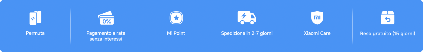 Questa immagine contiene diverse caratteristiche di servizio relative a un prodotto o un'azienda, probabilmente Xiaomi. Le caratteristiche elencate includono:
- **Permuta**
- **Pagamento a rate senza interessi**
- **Mi Point**
- **Spedizione in 2-7 giorni**
- **Xiaomi Care**
- **Reso gratuito (15 giorni)**