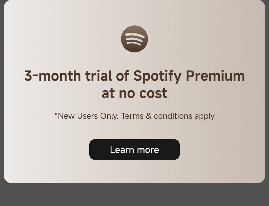 A promotional banner offering a 3-month trial of Spotify Premium at no cost for new users, with a button to "Learn more." Terms and conditions apply.