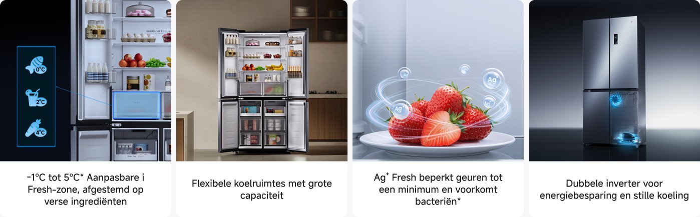 Een moderne koelkast met een flexibele interne indeling en een grote capaciteit. De koelkast is uitgerust met een verstelbare Fresh-zone, met een temperatuurbereik van -1°C tot 5°C, perfect voor het bewaren van verse ingrediënten. Dankzij de Ag+ technologie worden onaangename geuren verminderd en de groei van bacteriën voorkomen. Het dubbele inverterontwerp zorgt voor energiezuinigheid en een stille werking.