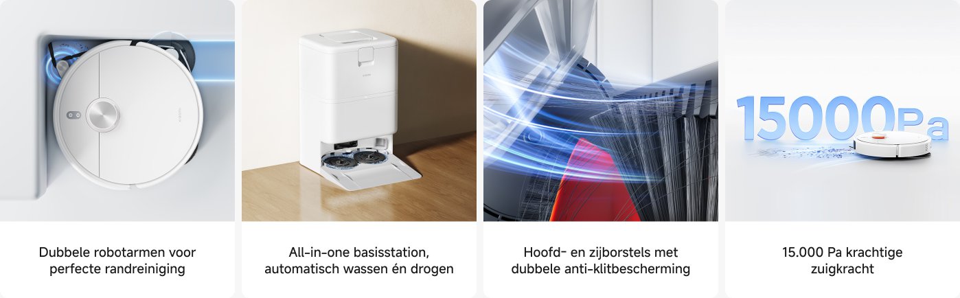 De afbeelding toont een stofzuigrobot, uitgerust met dubbele robotarmen voor perfecte hoekenreiniging. Naast de robot bevindt zich een geïntegreerd basisstation dat automatisch kan reinigen en drogen. De hoofdborstel en zijborstel van het apparaat hebben dubbele anti-verstrikkingsbescherming en bieden een krachtige zuigkracht van 15000Pa.
