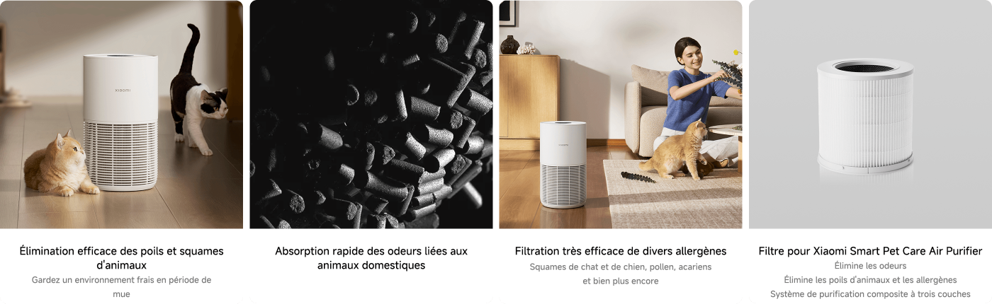 Il y a deux chats à côté d'un purificateur d'air, et l'environnement est chaleureux. L'image montre les fonctionnalités du purificateur d'air, y compris l'élimination des poils d'animaux et des allergènes, l'absorption rapide des odeurs de animaux de compagnie, ainsi que le filtrage efficace de divers allergènes.