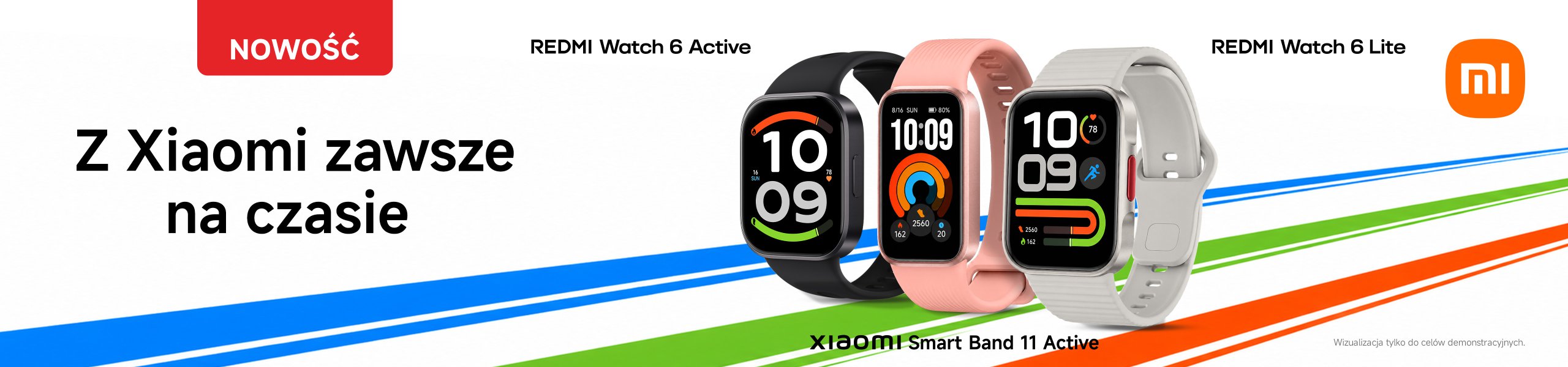 Zestaw produktów elektronicznych, w tym duży telewizor, kilka modeli telefonów, tablet, smartwatch, hulajnoga i jedno białe urządzenie, na tle jasnoniebieskiego nieba.