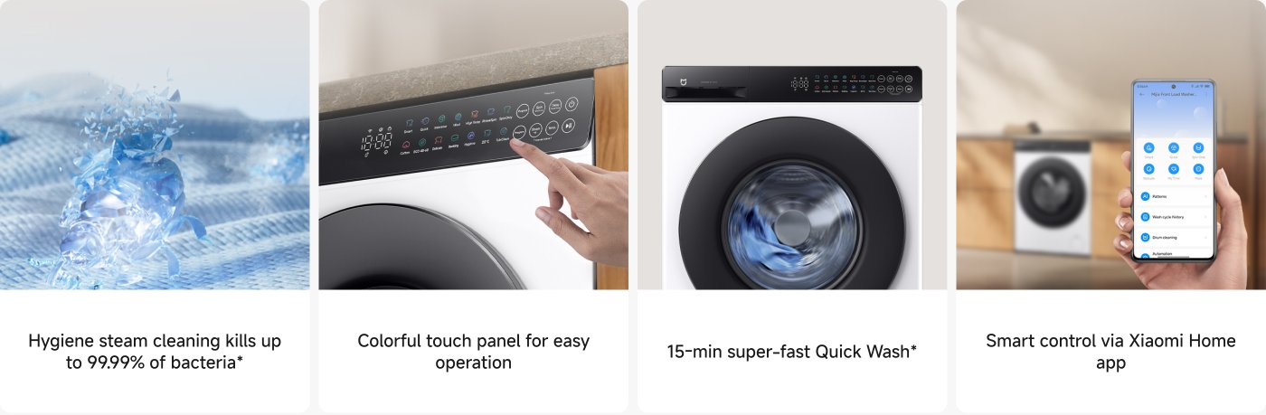 This is a display of a washing machine. The left side shows the steam cleaning function, which can kill 99.99% of bacteria; the right side displays a colour touchscreen panel for easy operation. The middle section mentions a 15-minute super-fast washing function, and the bottom right corner shows the interface for smart control via the Xiaomi Home app.