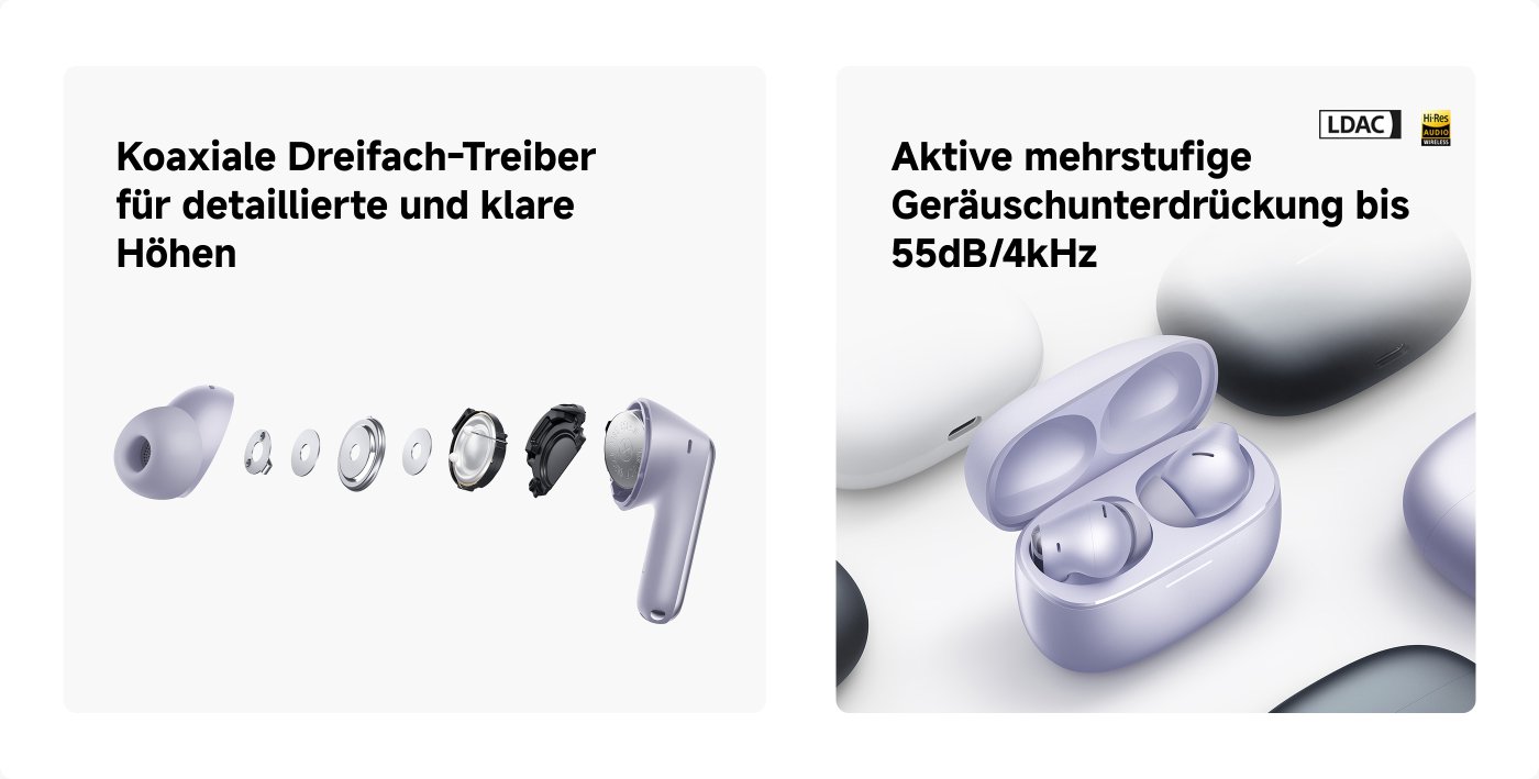 Das Strukturdiagramm der Kopfhörer zeigt die dreifache Treibereinheit und betont klare Höhen. Unten wird die aktive Mehrstufen-Geräuschunterdrückungsfunktion beschrieben, die eine Geräuschunterdrückung von bis zu 55 dB/4 kHz erreicht.