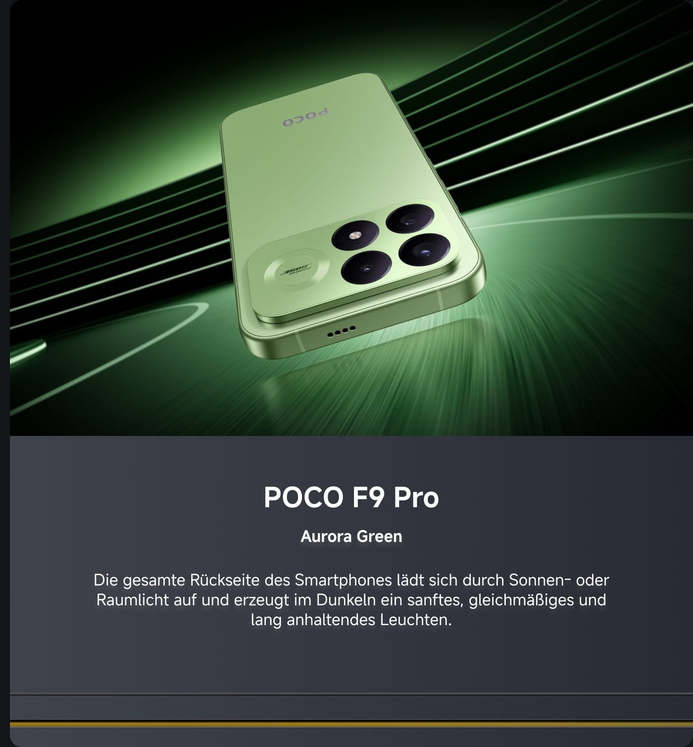 The POCO F9 Pro phone, in the color Aurora Green, features a full-panel luminous design that emits a soft, even glow in sunlight or indoor lighting, making it suitable for use in the dark.