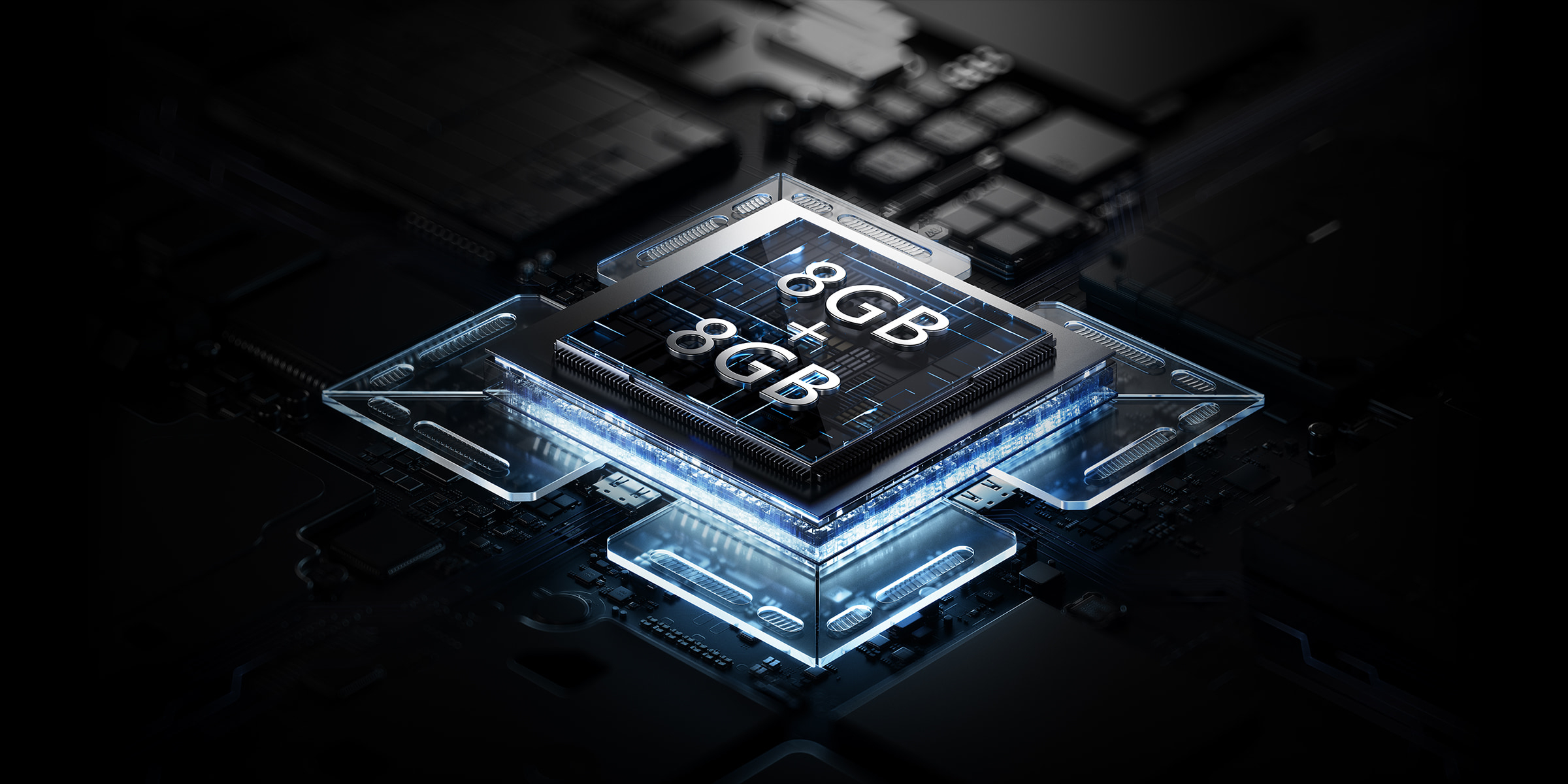 Moduł procesora z wyświetlaczem "8GB + 8GB", na tle skomplikowanego projektu obwodu drukowanego, całość emanuje poczuciem technologii.