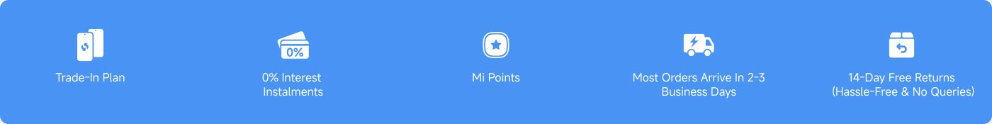 The image contains several promotional features related to a service or product, outlined as follows:
- Trade-In Plan
- 0% Interest Installments
- Mi Points
- Most Orders Arrive in 2-3 Business Days
- Free Return (14 Days. No Excuses)