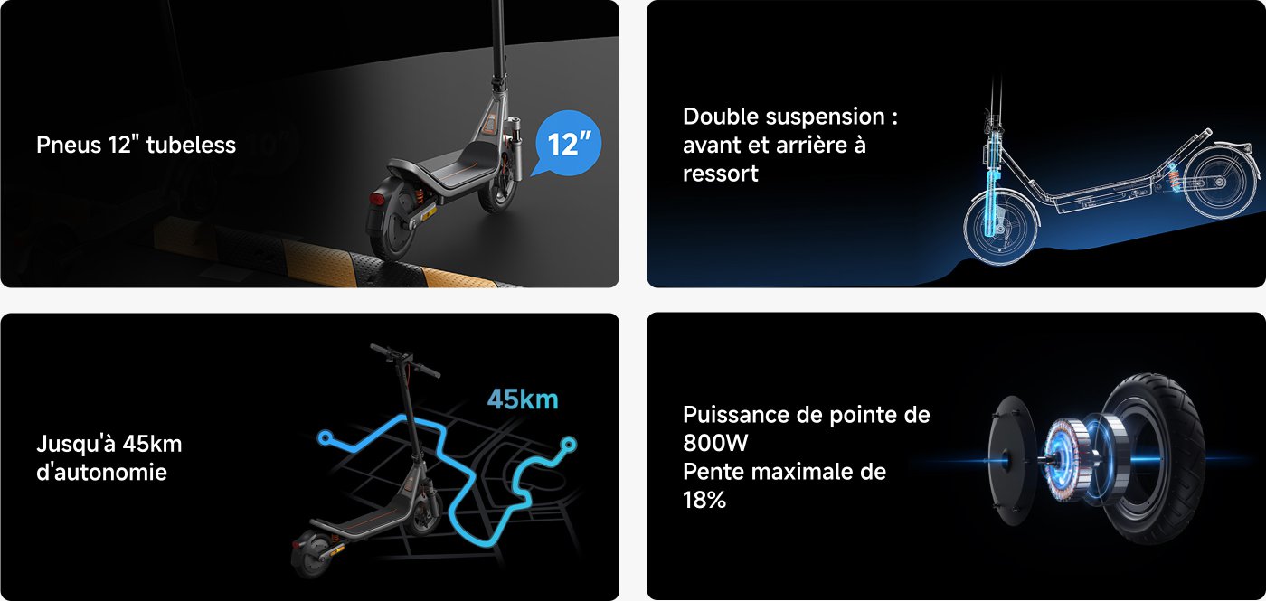 Le visuel présente une trottinette électrique avec plusieurs caractéristiques clés :
- Autonomie jusqu'à 70 km.
- Puissance maximale de 1100W.
- Pneus tubeless de 12 pouces.
- Système de suspension avancé avec fourche avant de 45 mm et double amortisseur arrière.
