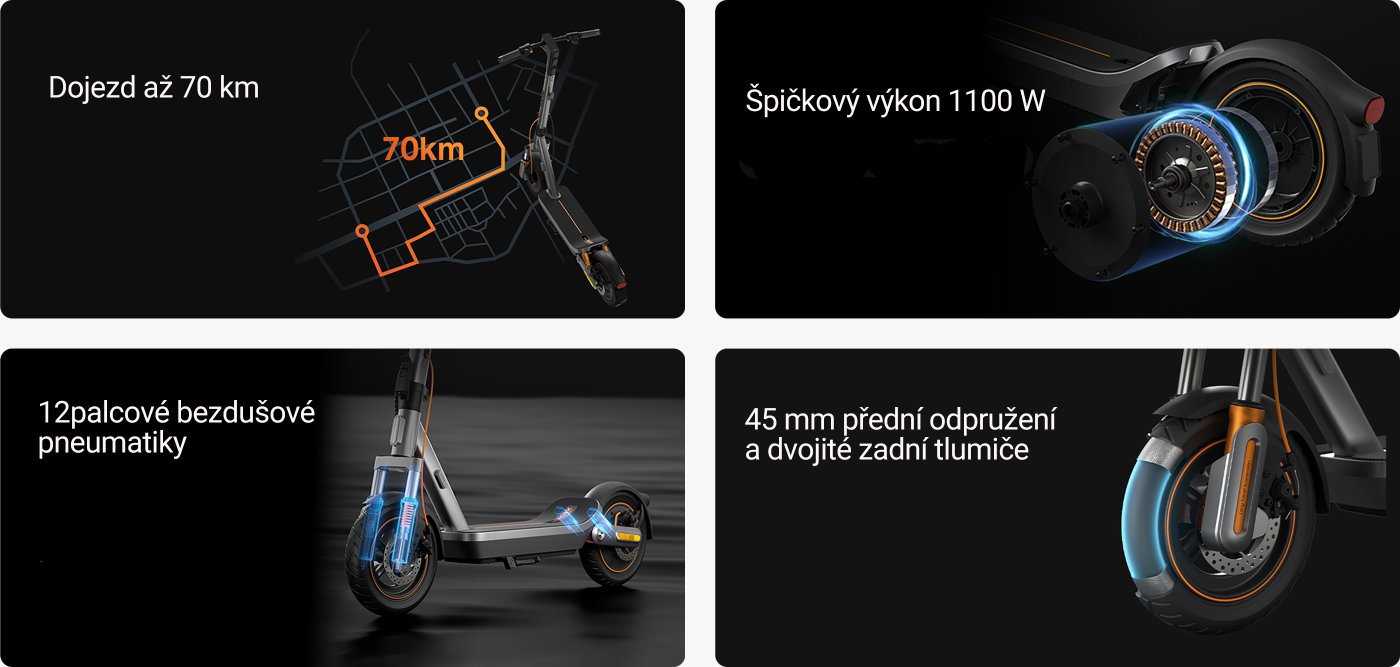 Vlastnosti elektrické koloběžky zahrnují:
- Nejdelší dojezd až 70 kilometrů
- Špičkový výkon 1100 W
- 12palcové bezdušové pneumatiky
- Extra dlouhé 45mm přední zavěšení a dvě zadní tlumiče
Ukazuje design a technické vlastnosti elektrické koloběžky.
