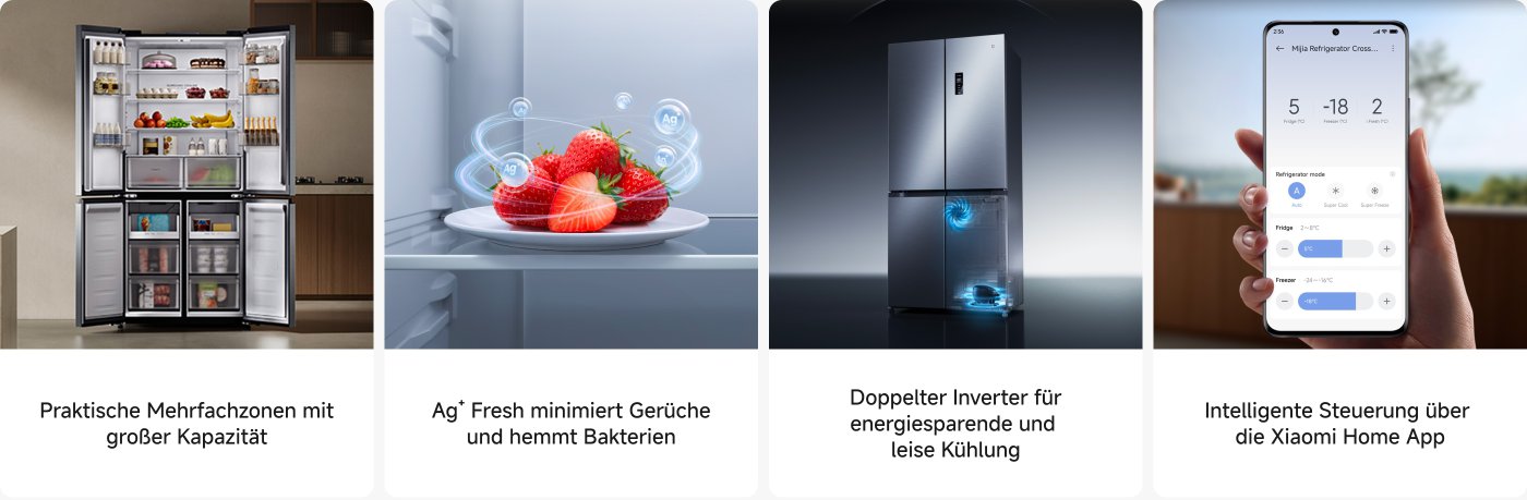 Eine moderne Kühlschrankinnenseite mit verschiedenen Lebensmitteln und Getränken. Oben befinden sich Flaschengetränke und Obst, unten gibt es einen Gefrierbereich. Neben dem Kühlschrank steht ein Smartphone, das die intelligente Steueroberfläche des Kühlschranks anzeigt. Die Beschreibung umfasst die multifunktionalen Bereiche des Kühlschranks, antibakterielle Technologie, energieeffiziente Dual-Inverter und die intelligente Steuerungsfunktion über die Xiaomi Home-App.