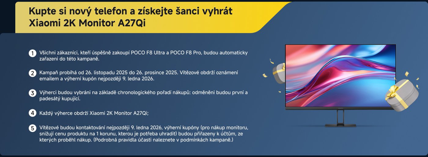 Koupí nového mobilního telefonu máte šanci vyhrát monitor Xiaomi 2K A27Qi. Akce probíhá od 26. listopadu 2025 do 26. prosince 2025, vítězové budou ohlášeni e-mailem 9. ledna 2026. Každý vítěz obdrží jeden monitor.