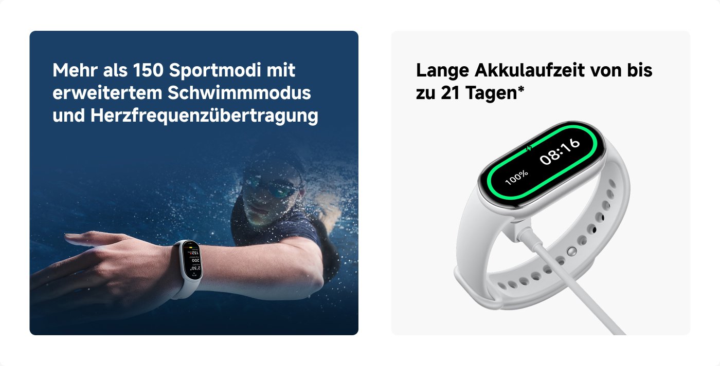 Am Handgelenk trägt man eine Smartwatch, die über mehr als 150 Sportmodi verfügt und erweiterte Schwimmmodi sowie eine Herzfrequenzüberwachungsfunktion bietet. Der Hintergrund ist eine Unterwasserumgebung, die Uhr wird aufgeladen und zeigt 100 % Akku sowie die Uhrzeit 08:16 an.