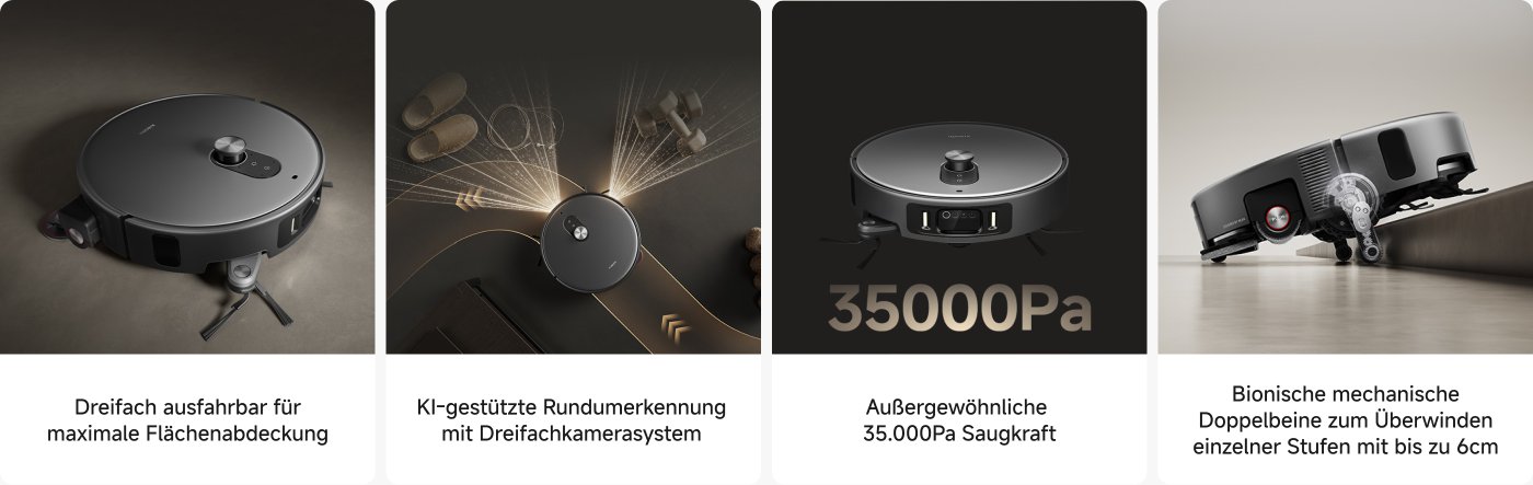 Das Bild zeigt die Eigenschaften und Funktionen eines Staubsaugers, einschließlich:
1. **Doppelter Roboterarm**: Für die Reinigung von Ecken, mit einem Abstand von bis zu 0 Millimetern.
2. **Integrierte Reinigungsstation**: Verfügt über automatische Wisch- und Trockenfunktionen.
3. **Doppelter Anti-Verwicklungs-Design von Hauptbürste und Seitenbürste**: Verhindert das Verwickeln von Haaren.
4. **Starke Saugkraft**: Bis zu 15.000Pa.