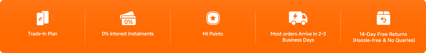 The image contains several promotional features related to a service or product, outlined as follows:
- Trade-In Plan
- 0% Interest Installments
- Mi Points
- Most Orders Arrive in 2-3 Business Days
- Free Return (14 Days. No Excuses)