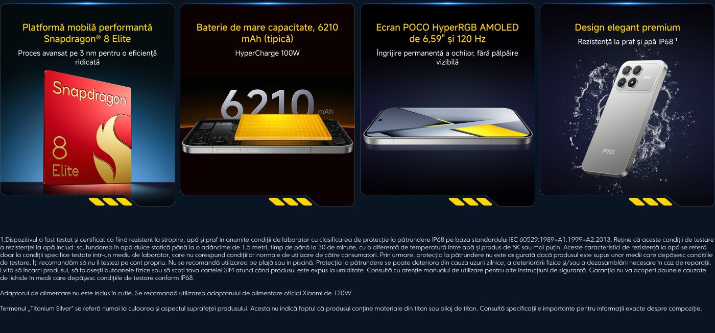 Compararea celor trei telefoane din seria POCO F7, respectiv POCO F7, POCO F7 Pro și POCO F7 Ultra. Caracteristicile lor principale includ procesorul, ecranul, camera, viteza de încărcare și informațiile despre preț. Capacitatea bateriei și tehnologia de încărcare a fiecărui telefon sunt, de asemenea, diferite, fiind de 6500mAh, 6000mAh și 5300mAh.