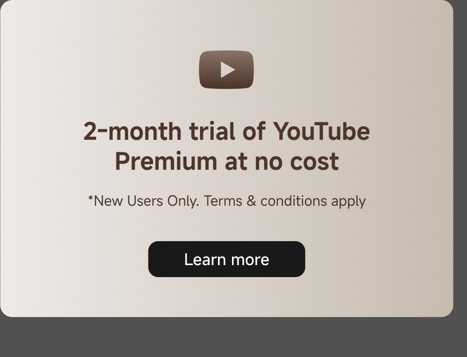 A promotional banner offering a 2-month trial of YouTube Premium at no cost for new users, with a button to "Learn more." Terms and conditions apply.