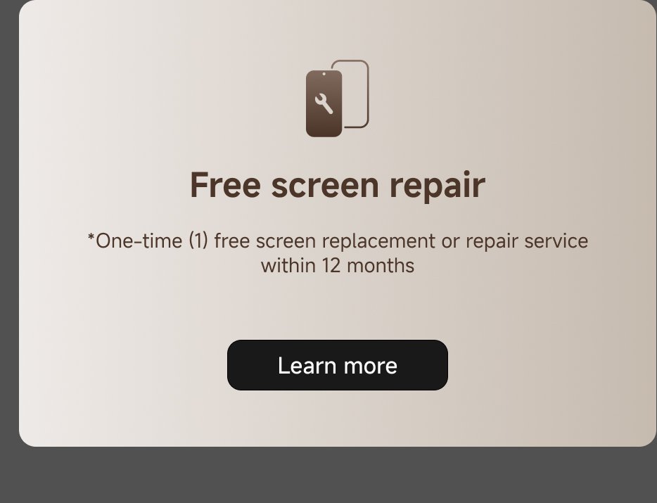 Free screen repair offer with a one-time replacement or repair service within 12 months. There's a "Learn more" button for additional information.