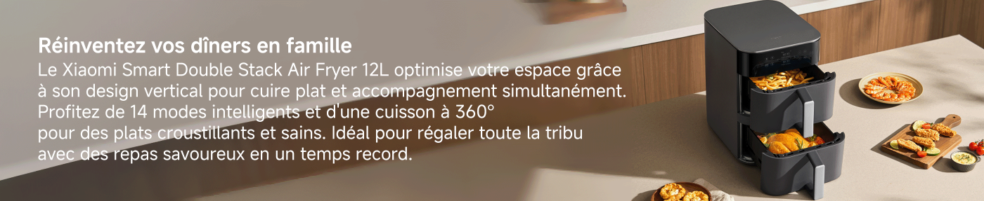 Xiaomi Smart Air Fryer 12L with a vertical design, optimizing space to cook a dish and a side simultaneously. It offers 14 smart modes and 360° cooking for crispy and healthy meals, perfect for delighting the whole family quickly.