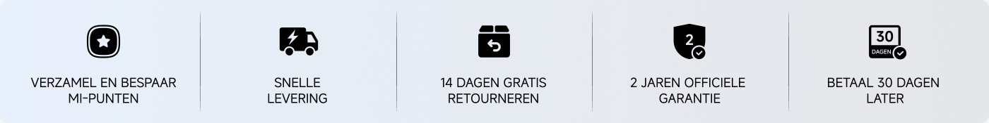 De afbeeldingsinhoud omvat vier pictogrammen en hun beschrijvingen, die de kenmerken van de service tonen: verzamelen en besparen van MI-punten, snelle levering, 14 dagen gratis retourneren, 2 jaar officiële garantie, en betaling na 30 dagen.