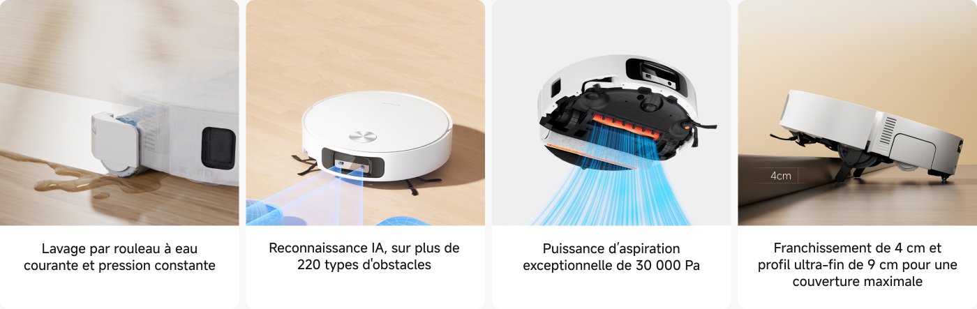 A vacuum robot with a washing and automatic drying station, an anti-knot system for easy maintenance, a high-speed rotating mop, and a suction power of 10,000 Pa.