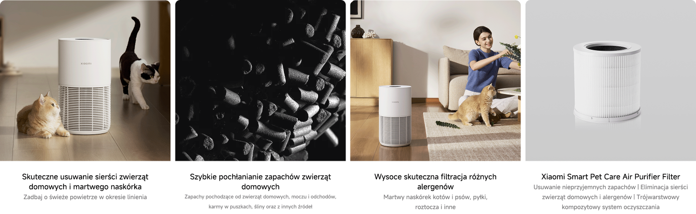 Pokazuje wnętrze, w którym znajduje się biały oczyszczacz powietrza, a wokół niego są kot i pies. Po lewej stronie opisano skuteczność oczyszczacza w usuwaniu sierści i naskórka zwierząt, a po prawej wspomniano o jego szybkim wchłanianiu zapachów zwierząt. Na dole przedstawiono informacje o wydajnym filtrowaniu różnych alergenów oraz konkretne informacje o filtrach oczyszczacza.