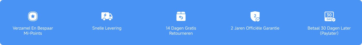 De tekst omvat functies en voordelen met betrekking tot een dienst of product. Ze zijn:
- **Verzamel En Bespaar Mi-Points**
- **Snelle Levering**
- **14 Dagen Gratis Retourneren**
- **2 Jaren Officiële Garantie**
- **Betaal 30 Dagen Later (Paylater)**
De achtergrond is lichtblauw.