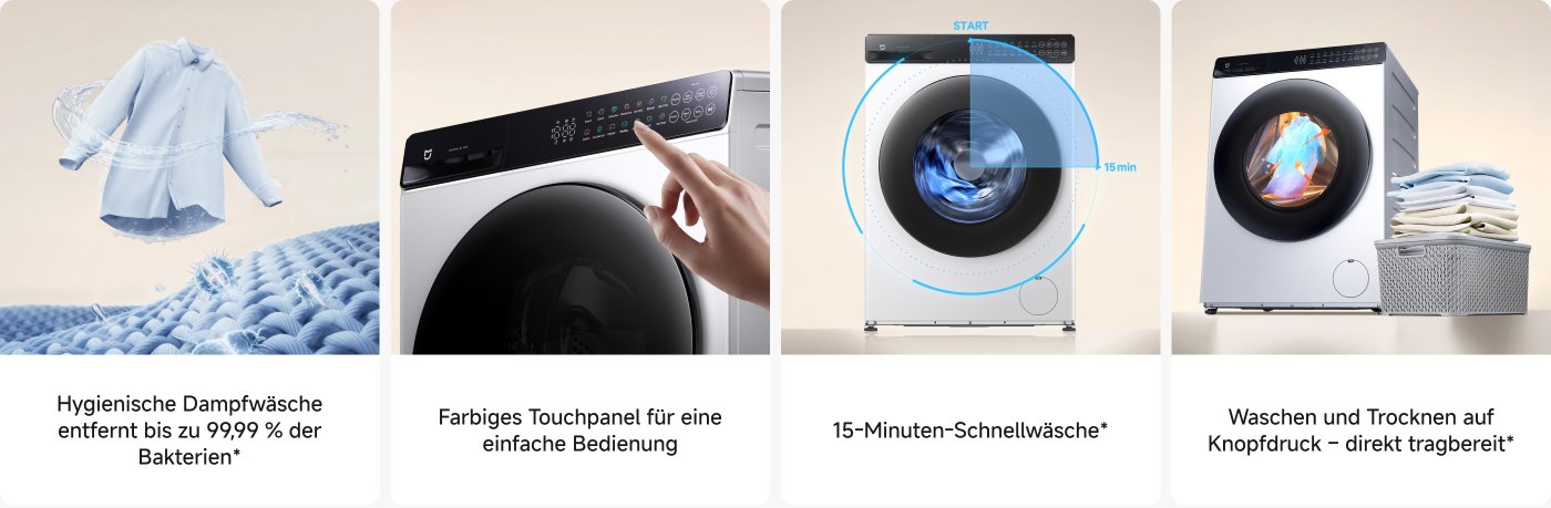 Das Bild zeigt ein blaues Hemd, das im Wasser schwebt, im Hintergrund ist ein blauer Stoff. Nebenan steht eine Waschmaschine, deren Touchpanel mehrere Tasten und Einstellungen anzeigt, und ein Finger zeigt auf die Taste "Start". Der Text darunter beschreibt die Desinfektionseffekte, das benutzerfreundliche Touchpanel, die 15-minütige Schnellwäsche sowie die Funktionen für Ein-Knopf-Wäsche und Trocknen.