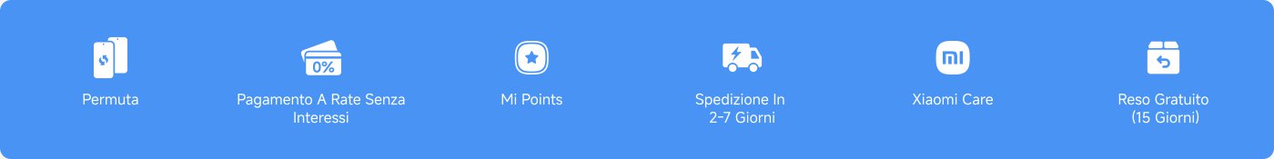 L'immagine contiene icone e testo relativi a un'offerta di servizio o prodotto. I punti chiave sono:
- **Permuta**
- **Pagamento a Rate Senza Interessi**
- **Mi Points**
- **Spedizione In 2-7 Giorni**
- **Xiaomi Care**
- **Reso Gratuito (15 Giorni)**