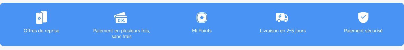 Les services fournis incluent : le recyclage de vieux téléphones, le paiement échelonné sans frais, les points Mi, la livraison en 2 à 5 jours et le paiement sécurisé.