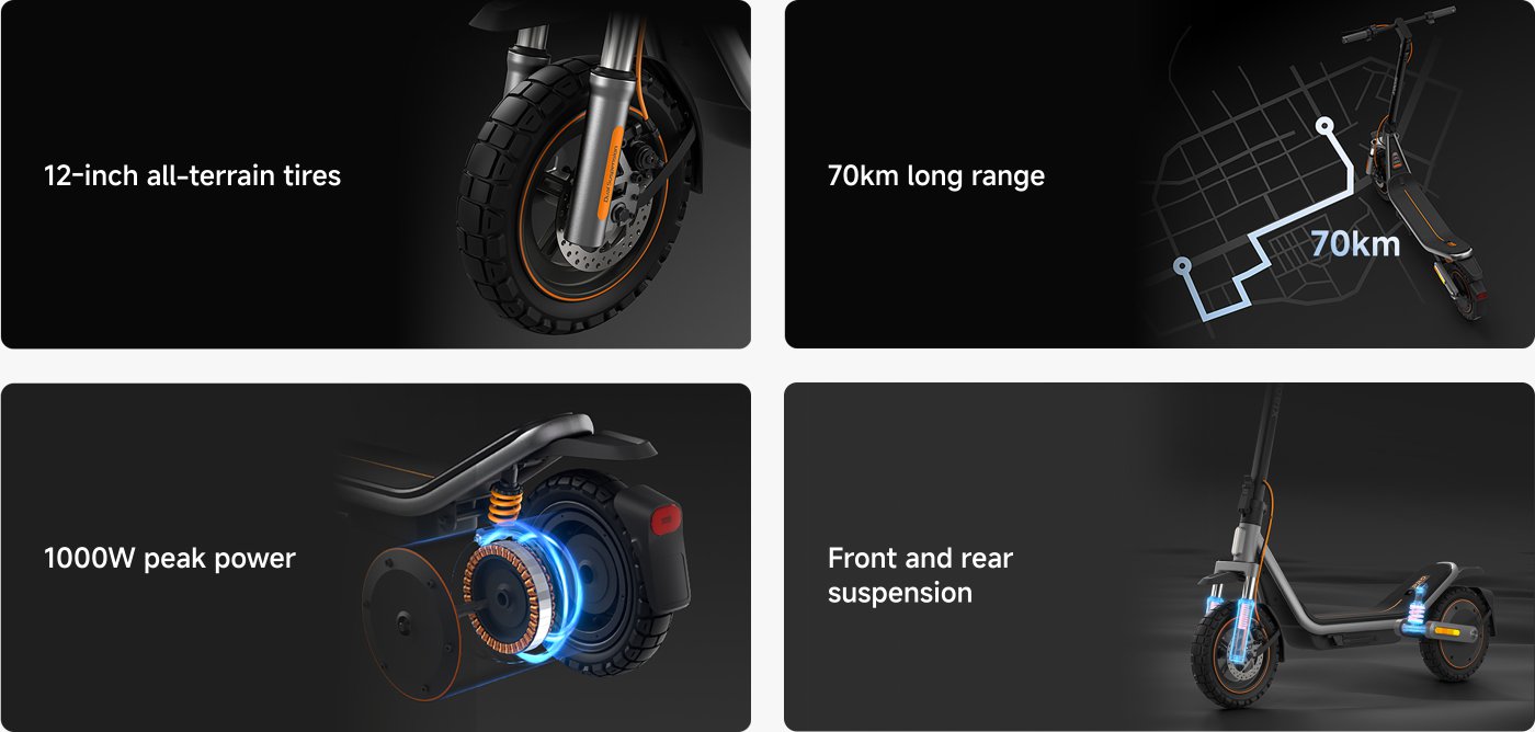 The image highlights features of an electric scooter. It includes:
- 12-inch all-terrain tires.
- A long range of 70 km.
- 1000W peak power.
- Front and rear suspension for improved ride comfort.