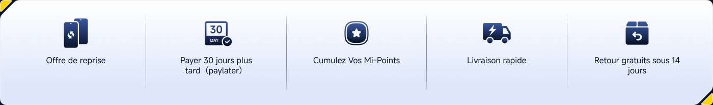 Le texte comprend des offres promotionnelles liées aux services mobiles :
- **Offre de reprise**
- **Payer 30 jours plus tard**
- **Cumulez vos Mi-Points**
- **Livraison rapide**
- **Retour gratuits sous 14 jours**